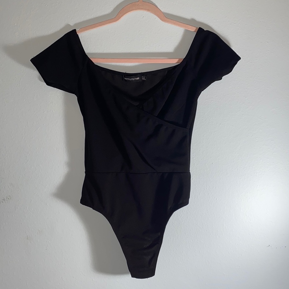 PLT Black Wrapped Front Off the Shoulder Bodysuit